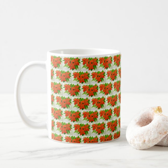 Ceramic mug with seasonal poinsettia pattern (With Donut)