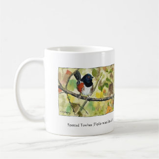 Ceramic mug with Spotted Towhee bird design