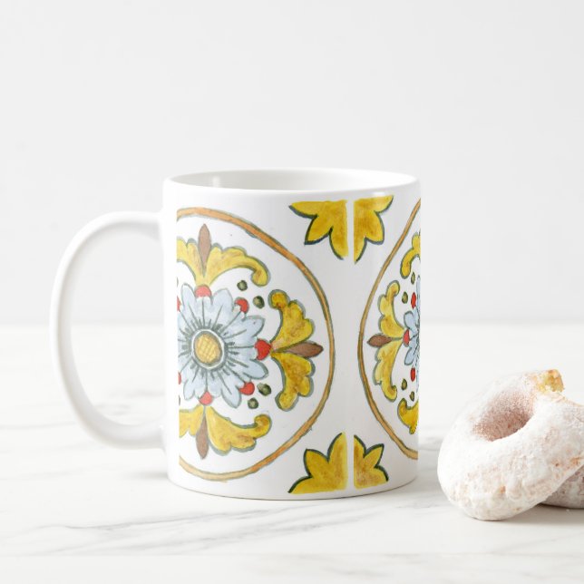 Ceramic mug with traditional Sicilian tile design (With Donut)