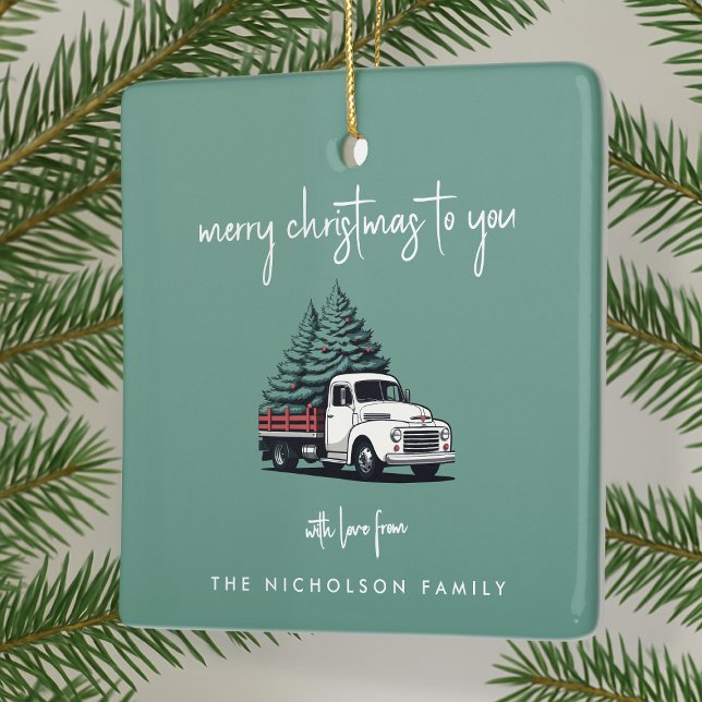 Ceramic Ornament | Christmas Tree Delivery Truck (Personalized vintage delivery truck ceramic ornaments created for cheerful Christmas celebrations)