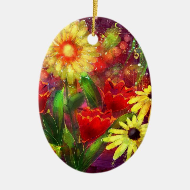 Ceramic Ornament Floral Abstract Red Yellow (Front)