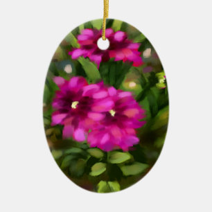 Ceramic Oval Ornament w/Dark Pink Dahlia Artwork