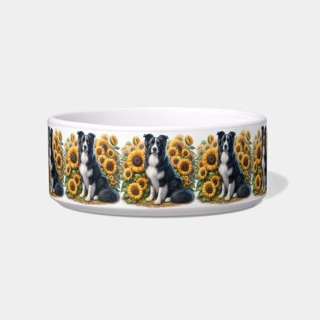 Ceramic Sunflower and Border Collie  Pet Bowl (Front)