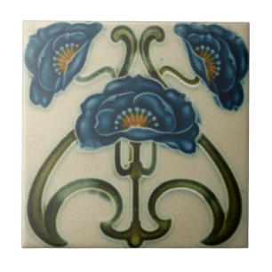 Ceramic Tile - Art Nouveau Three Blue Poppies