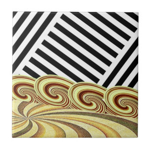Ceramic Tile Black & White Stripe Brown Swirl