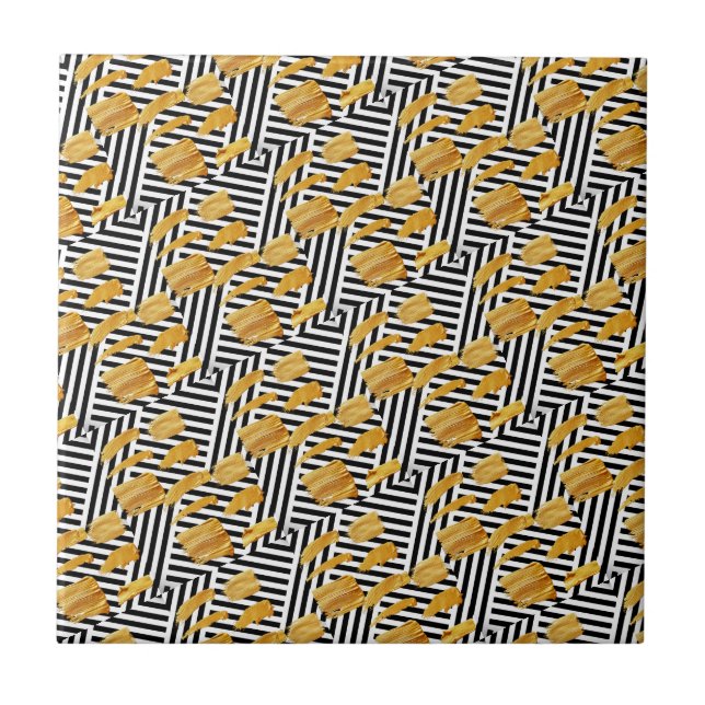 Ceramic Tile Black & White Stripe Gold Pattern (Front)