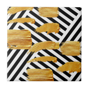 Ceramic Tile Black & White Stripe Gold Pattern