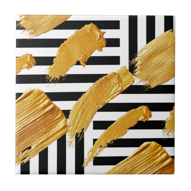 Ceramic Tile Black & White Stripe Gold Pattern (Front)