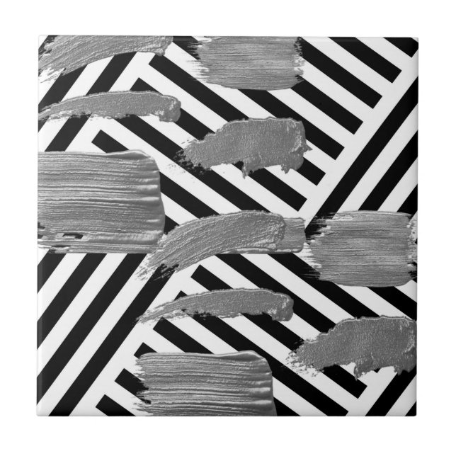 Ceramic Tile Black & White Stripe Silver Pattern (Front)