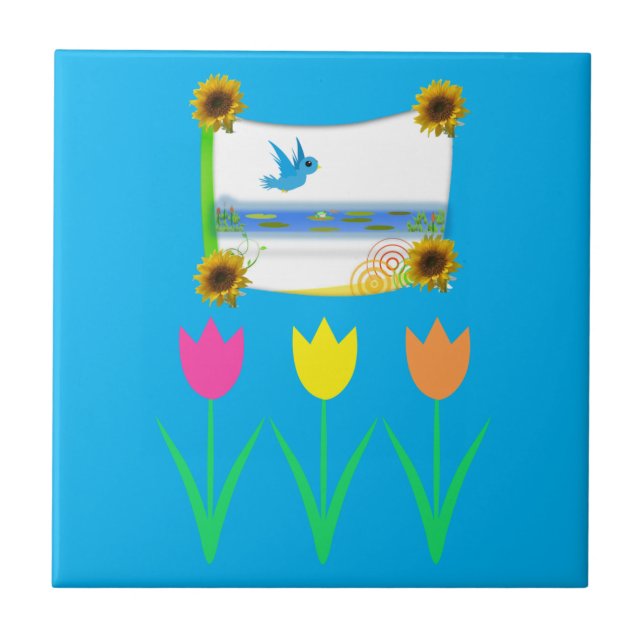 Ceramic Tile Blue Tulips Sunflower Floral (Front)