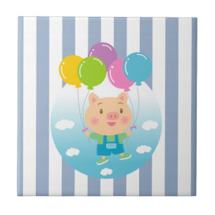 Ceramic Tile Blue & White Stripe Pig Balloons