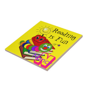 Ceramic Tile Bookworm, Books, Sun, Yellow, Apple