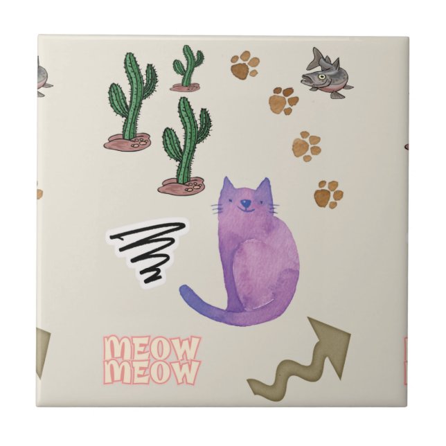 Ceramic Tile Cat Fish Cactus Meow Paws (Front)