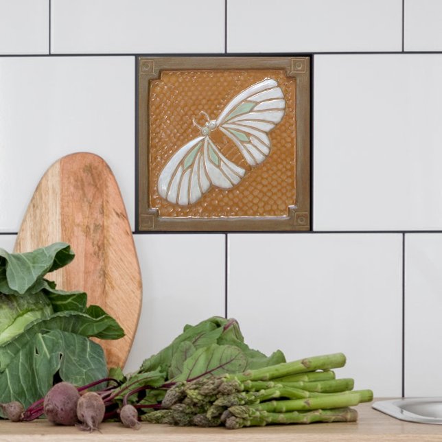 Ceramic Tile Craftsman Moth, in white & Ochre (Moth tile shown with white tile.)