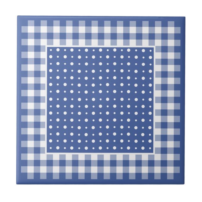 Ceramic Tile, Dark Blue Polka Dots and Checks Tile (Front)