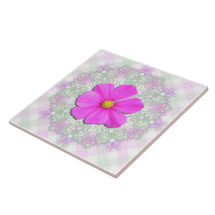 Ceramic Tile - Dark Pink Cosmos on Lace & Lattice