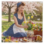 Ceramic Tile: Easter Picnic (Vintage Style) Tile<br><div class="desc">This decorative ceramic tile is a proud part of our exclusive Easter Retro Collection. Featuring a 1950s photorealistic pin-up scene of an Easter picnic, it is the perfect choice for festive home styling. Craftsmanship: Created by AI and enhanced with professional manual refinement to ensure perfect anatomy and crisp textures. Customization:...</div>