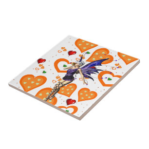 Ceramic Tile Fairy Orange Hearts