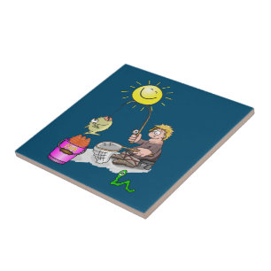Ceramic Tile Fisherman, Fish, Sun, Blue