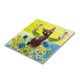 Ceramic Tile Floral Black Cat Kitten Fairy