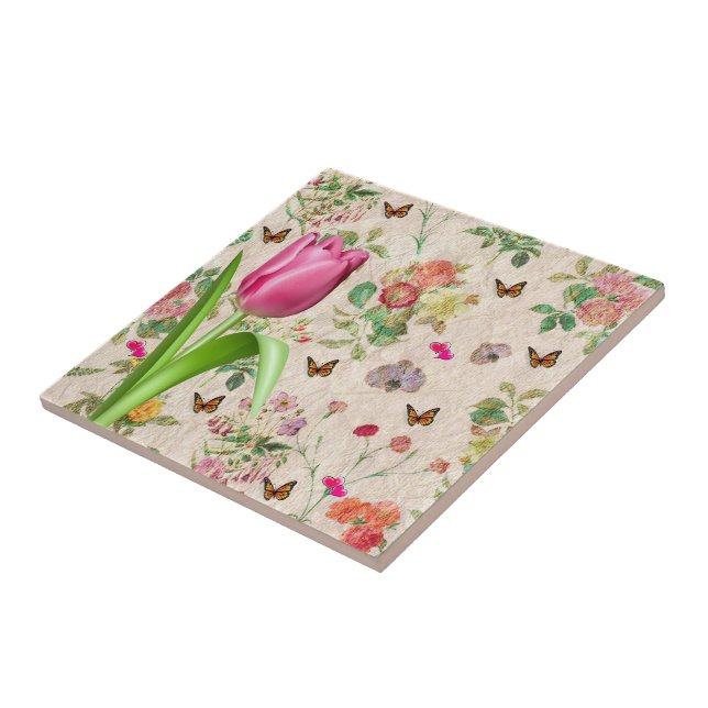 Ceramic Tile Floral Butterfly Pink Tulip (Side)