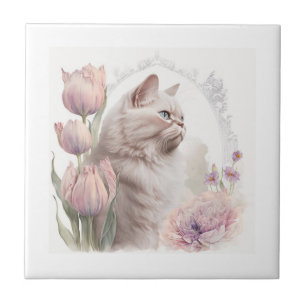 Ceramic Tile Floral Kitten White