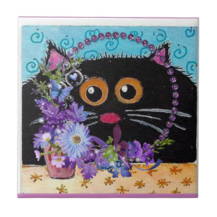 Ceramic Tile Floral Whimsical Cat
