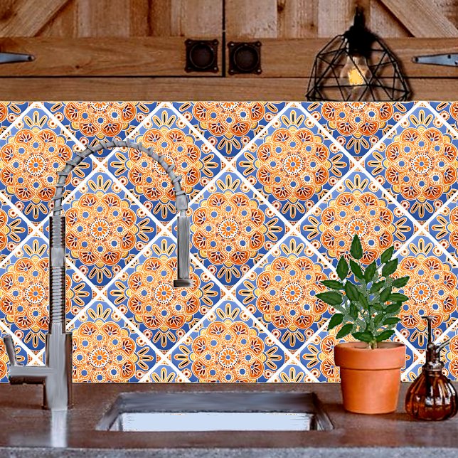 Ceramic Tile geometric blue and orange (Orange and blue kitchen backsplash tile.)