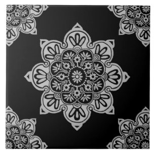 Ceramic tile, gray Medallion on Black Tile