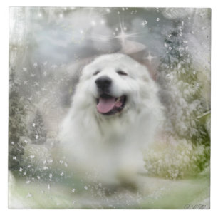 Ceramic Tile Great Pyrenees Winter Scene