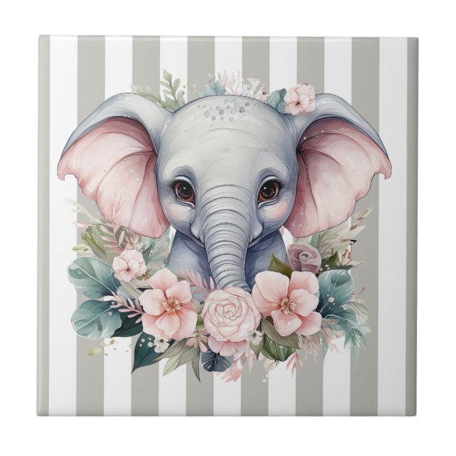 Ceramic Tile Grey & White Stripe Elephant Floral (Front)