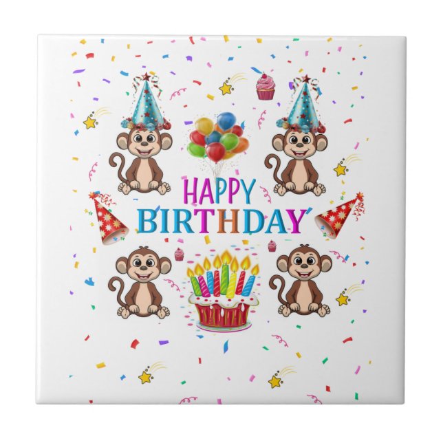 Ceramic Tile Happy Birthday Monkey Cupcake (Front)