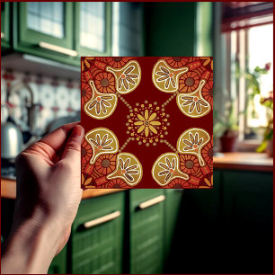 Ceramic Tile medallions ochre on wine