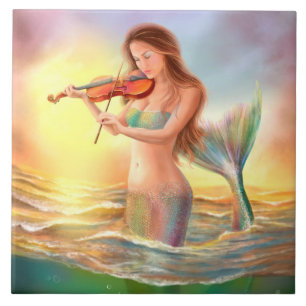 Ceramic Tile mermaid plays on violin