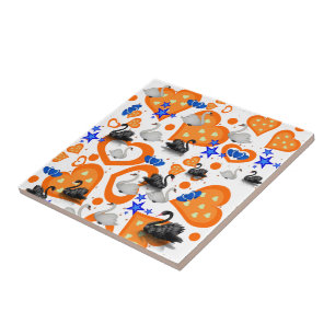 Ceramic Tile, Orange Hearts Swan Blue Stars Tile