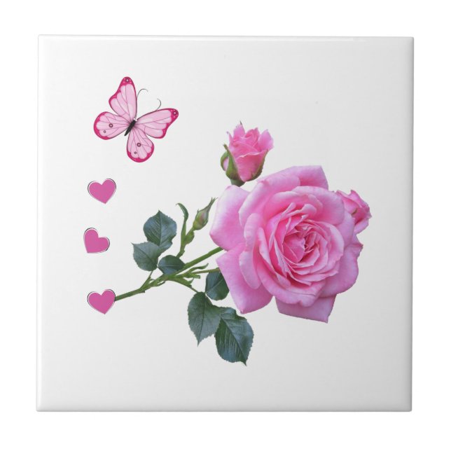 Ceramic Tile Pink Rose Floral Butterfly Hearts (Front)