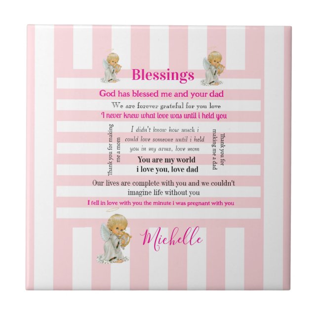 Ceramic Tile Pink & White Stripe Blessings (Front)