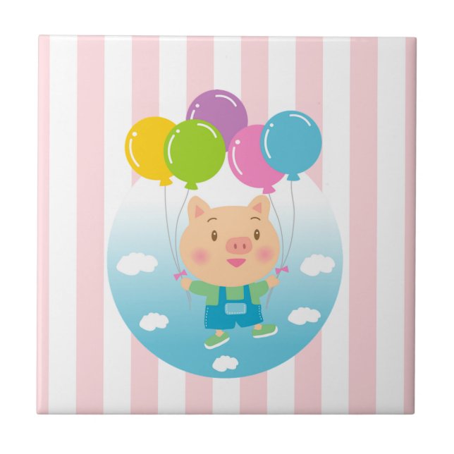 Ceramic Tile Pink & White Stripe Pig Balloons (Front)