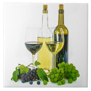 Ceramic Tile Red White Wine Grapes with Glasses