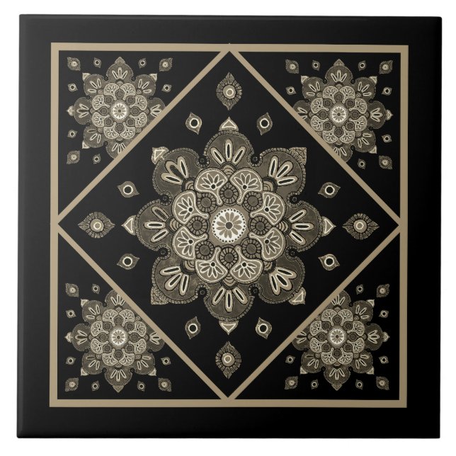 Ceramic Tile, Sepia Medallions on black Tile (Front)