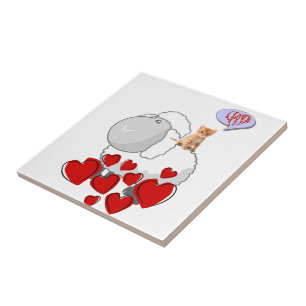Ceramic Tile Sheep Kitten Red Hearts