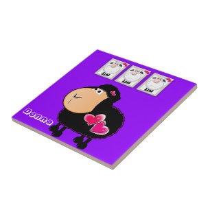 Ceramic Tile Sheep, Pink Hearts, Purple