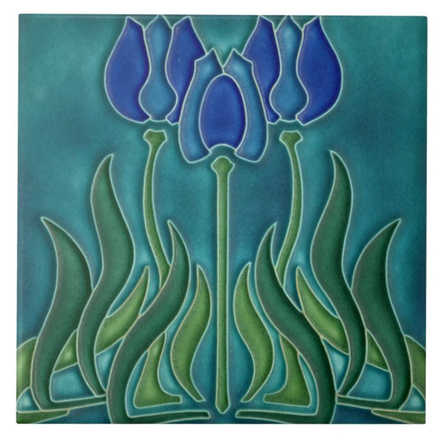 Ceramic Tile - Vintage Blue Tulips Art Nouveau (Front)