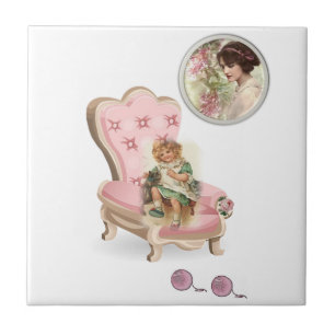 Ceramic Tile Vintage Girl Woman Cat  Floral