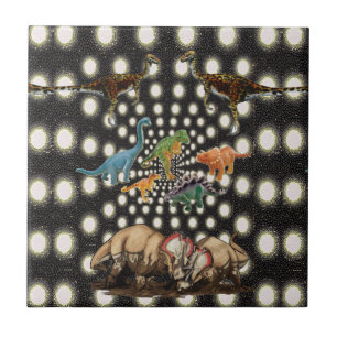 Ceramic Tile White and Black Circular Dinosaurs
