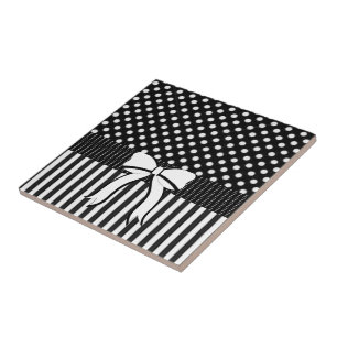 Ceramic Tile White and Black Polkadot Stripes