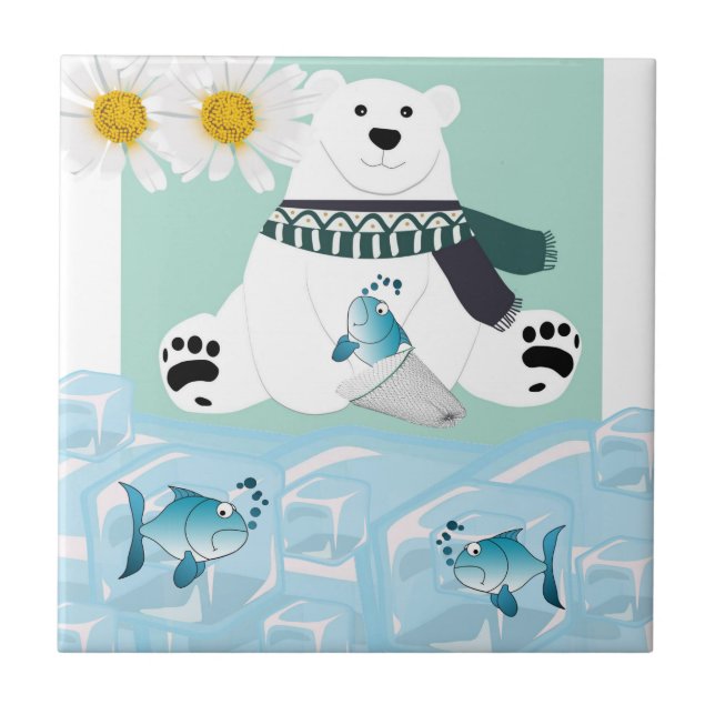 Ceramic Tile White Daisy Polar Bear Fish Ice burg (Front)