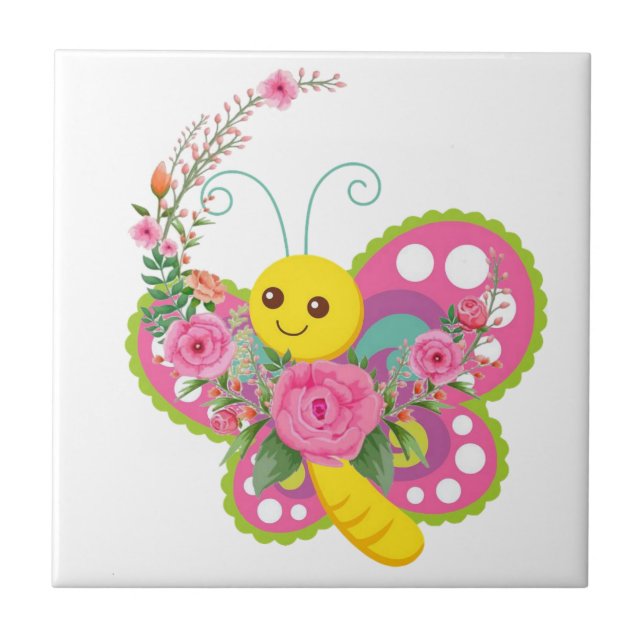 Ceramic Tile White Floral Butterfly (Front)