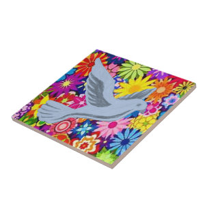 Ceramic Tile White Floral Dove