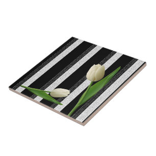 Ceramic Tile White Tulip Floral Black and White